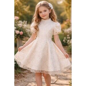 Vintage Jessica McClintock Girls Jacquard Satin Dress Girls 12 Puff Sleeve USA